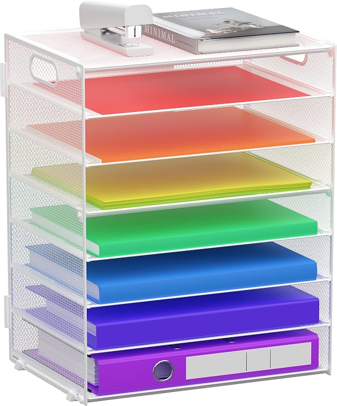 8 Tier Paper Letter Tray Organizer with Handles for Desk (White) | Mesh Desk File Holder Storage Organization for Home School Classroom & Office