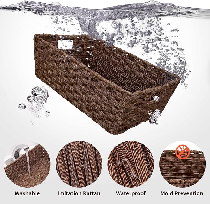 Onlytak Large Wicker Storage Basket, Metal Frame, Set of 2, Washable Waterproof, 15" x 10.3" x 5.2", Brown Color, Woven Basket for Pantry, Toilet, Bathroom, Bedroom, Patio