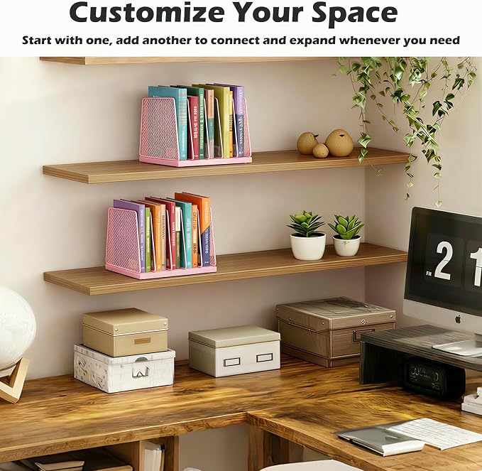 AUPSEN 5-Section File Organizer for Desk, Wood Mesh Desktop File Organizer, File Sorter Storage Rack, Vertical Folder Holder for Files, Magazines, Books (Pink)