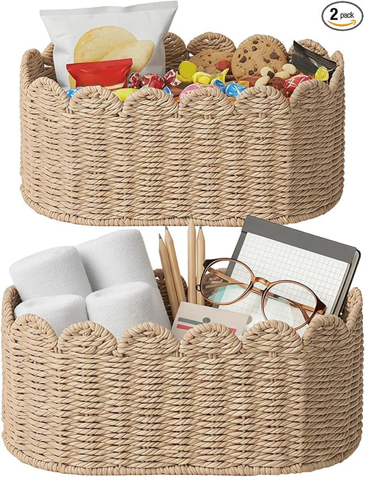 2 Pcs Woven Storage Baskets, Handwoven Basket with Scalloped Edge, Decorative Organizer for Home, Kitchen, and Desktop, Large 15.99 x 9.75 x 7.02 in, Small 13.65 x 7.8 x 6.05 in