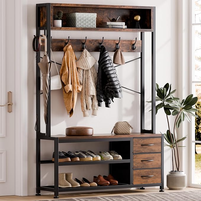 Hall Tree with Bench and 3 Drawers Storage, 39.4" Coat Rack Freestanding