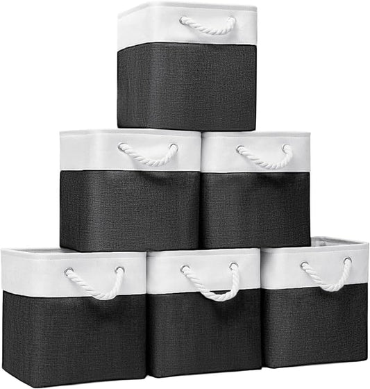 11x11 Inch Cube Storage Bins, 6 Pack Fabric Storage Cubes for Shelves, Cube Organizer Bins with Handles, Cloth Cubby Storage Bins for Home(White/black)