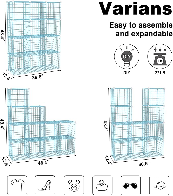 C&AHOME Wire Cube Storage, 12 - Cube Organizer Metal C Grids, Closet, Blue | Modular Shelves Units Storage Bins Shelving Bookshelf Shelf Cabinet