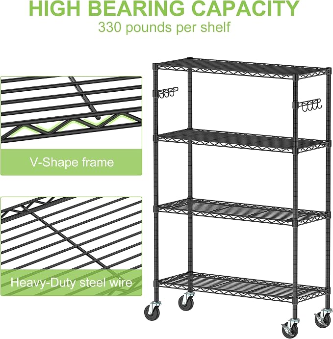 4 Tier Wire Metal Shelving Rack Garage Storage Rolling Shelves with Wheels | Heavy Duty Adjustable Industrial Shelving Steel Wire Organizer Rack for Kitchen Garage Pantry Office Bathroom