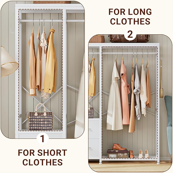 Lulive Clothes Rack with 2 Rods, Shelves, Drawers & Hooks, Garment Rack | Clothes rack with 2 hanging rods (50lbs each), 2 shelves, 2 fabric drawers & 4 hooks. 300lb total capacity. Fits small spaces