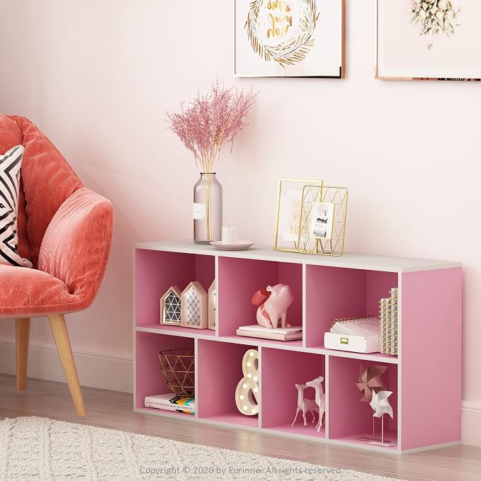 Furinno LUDER Book Shelf, 7-Cube Bookshelf, Bookcase with Open Shelves, 9.4 x 19.5 x 41.7, Easy Assembly, for Living Room, Bedroom, Home Office, White/Pink