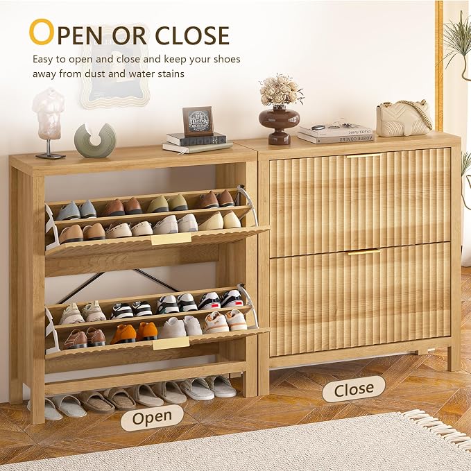 Fluted Shoe Cabinet Storage with 2 Flip Drawers for Entryway, Hallway | Narrow Shoe Rack Freestanding Shoe Organizer with Legs for Entryway，Hallway, Oak