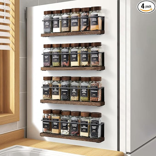 4 Pack Strong Magnetic Spice Rack Organizer for Refrigerator and Microwave Oven, Metal Fridge Shelf, Space Saver for Kitchen Organization and Storage, Black