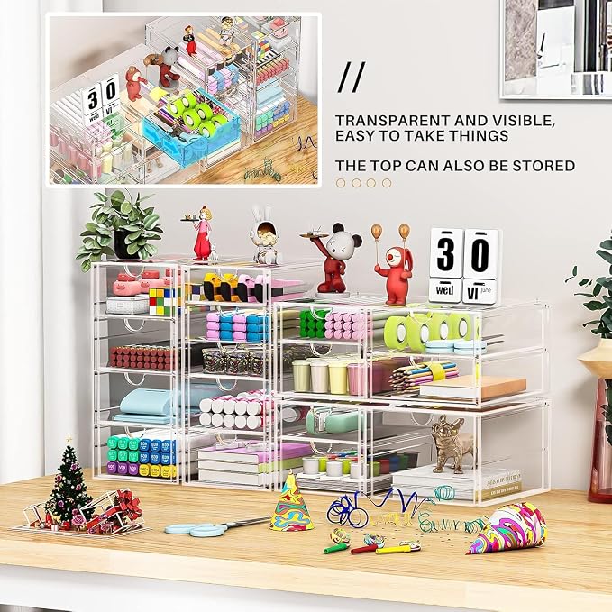 caktraie 4-Pack Acrylic 16-Drawer Storage & Makeup Organizer for Desk | Smooth-glide drawers, clear acrylic, stackable, dustproof, wipe clean, for office supplies, pens, jewelry, makeup