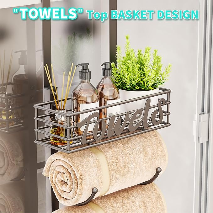 HapiRm Towel Racks for Bathroom Storage - 9 Tier Over The Door & Wall Mount Rolled Towel Storage Organizer Holder with Metal Shelf Basket for Small Bathroom, Camper, Rv - Patented