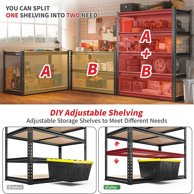 REIBII 2400LBS Storage Shelves 5 Tier Garage Shelving Heavy Duty, Adjustable Metal Shelving, Garage Shelves for Basement, Warehouse, Pantry, Closet, Kitchen 72" H x 36" W x 16" D, Black, 3 Pack