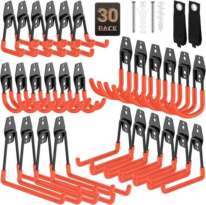 Heavy Duty Garage Hooks for Storage & Hanging Items, 30-Pack | for Hanging Bikes, Hoses, Ladders, Ropes, Garden Tools; for Garage, Warehouse, Yard, Shed