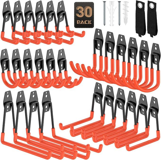 Heavy Duty Garage Hooks for Storage & Hanging Items, 30-Pack | for Hanging Bikes, Hoses, Ladders, Ropes, Garden Tools; for Garage, Warehouse, Yard, Shed