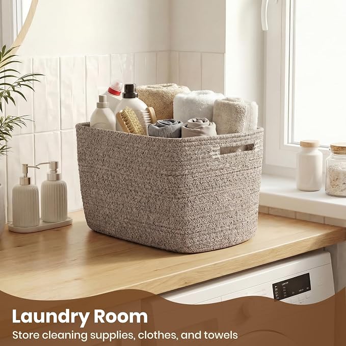 Storage Baskets for Organizing, 14 x 10 x 9” Closet Shelf Woven Baskets, Square Bins with Handles, Cotton Rope Basket for Clothes, Office, Room, Brown 1 Pack