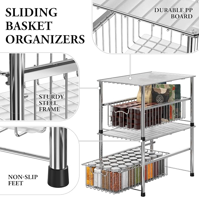 Simple Houseware Chrome Metal Stackable Storage Rack, 16.75 in L x 10.8 in W x 10.25 in H | Free Standing Organizer Drawer, Kitchen/Pantry/Cabinet/Counter