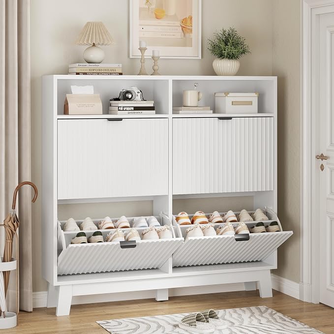 Xixini Shoe Cabinet with 4 Flip Drawers, 46" Tall Narrow Fluted Shoe Storage Organizer for Entryway, Hidden Slim Wooden Shoe Rack Cabinet for Front Door Entrance, Hallway, Living Room, Solid White