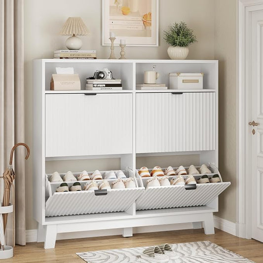 Xixini Shoe Cabinet with 4 Flip Drawers, 46" Tall Narrow Fluted Shoe Storage Organizer for Entryway, Hidden Slim Wooden Shoe Rack Cabinet for Front Door Entrance, Hallway, Living Room, Solid White