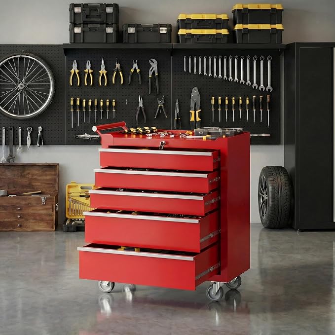 Garvee Rolling Tool Chest, 5 Drawers Tool Storage Cabinet, Toolbox with Wheels, Portable Tool Cabinet Organizer with Locking System & Drawer Liners, Tool Storage Cart for Garage, Workshop, Red