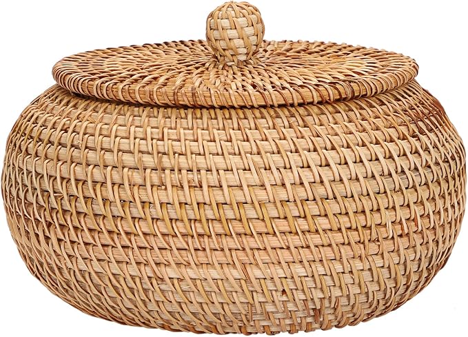 Hipiwe Handwoven Rattan Basket Round Round Wicker Storage Box | Decorative Shelf Baskets Multi-purpose Natural Basket Box for Remote Control Bread Candy Farmhouse Picnic Baskets