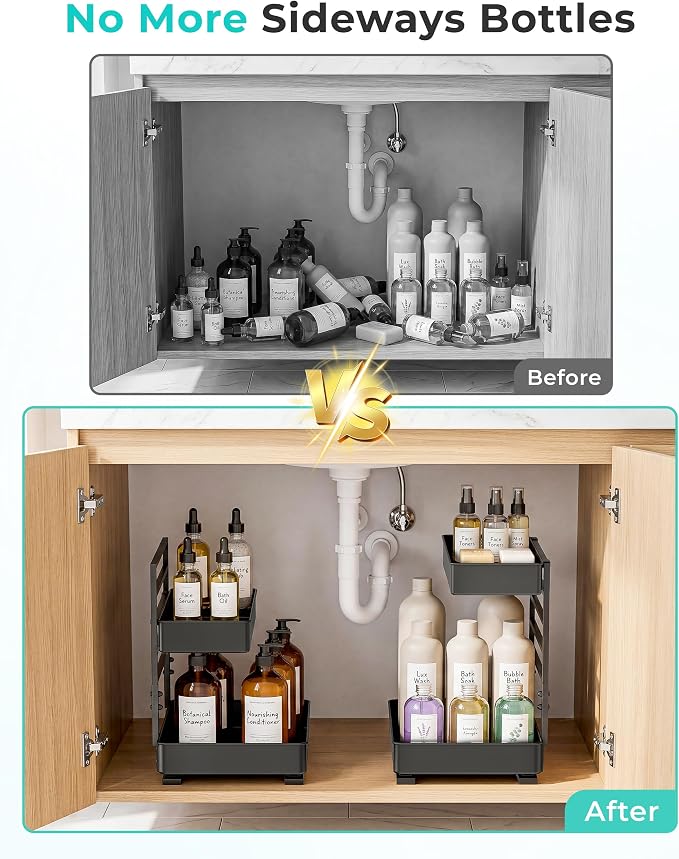 EVERIE Metal Pull Out Slide Shelf Organizer for Under Sink Organization in Kitchen, Bathroom, Counter, Cabinets, Minimum Available Space 13" Wide x 16.5" Deep (Black, 1 Set)