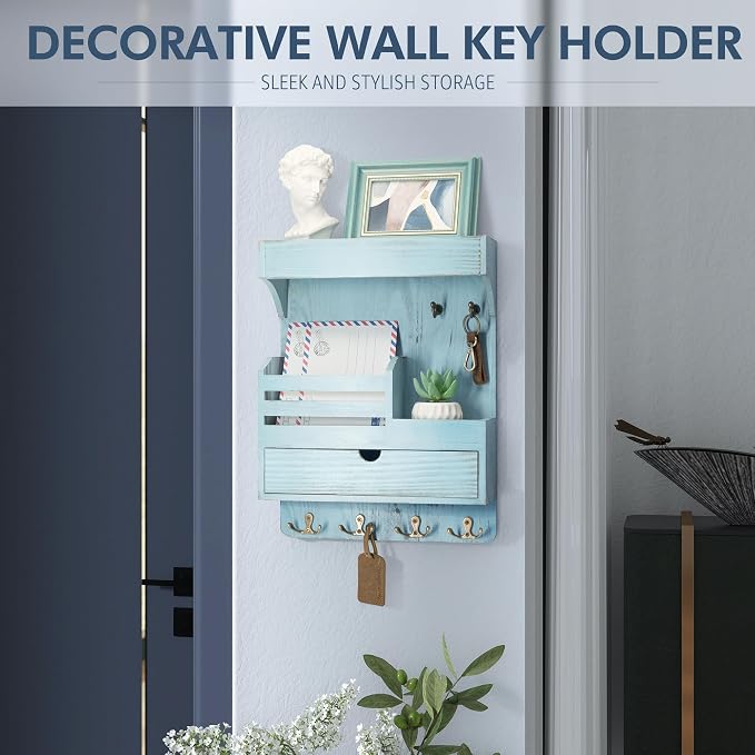 Rebee Vision Key Holder Wall Mount with Drawer & Shelf for Entryway, Blue | Pine Wood, Key Holder for Wall, 6 Sturdy Hooks, Floating Shelf, Drawer Organizer, Mail Sorter, Home Decor, Decorative Storage