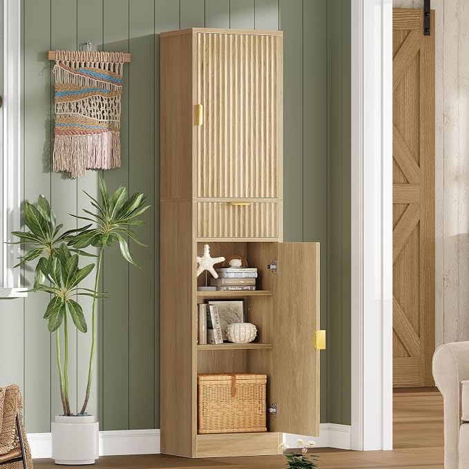 67″ Storage Cabinet with 1 Drawer and 2 Doors,Tall Bathroom Storage Cabinet with Adjustable Shelves, Rattan Fluted Cabinet for Bathroom, Living Room, Kitchen, Natural Oak