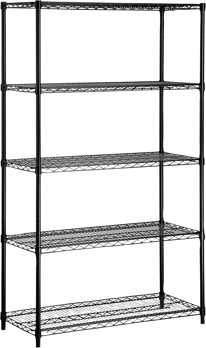 Honey-Can-Do 5-Tier Steel Shelving Unit, 800 lb/Shelf, Black, 42x18x72 in | Holds 4,000 lb total across 5 adjustable steel shelves; tool-free build in 25 min; leveling feet for uneven floors
