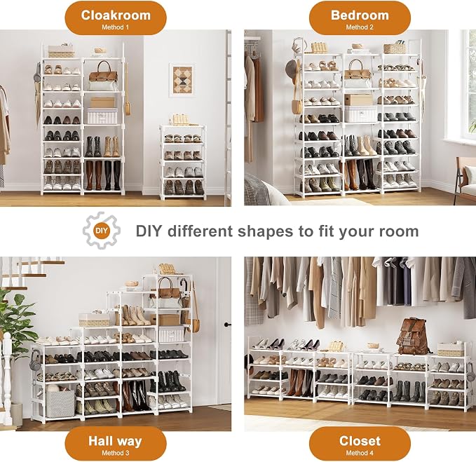 WOWLIVE 9 Tier 3-Column Shoe Rack, 50-55 Pairs Stackable White | 50in long for larger entryways. Removable shelves fit tall boots. Split into multiple units for garage/closet.