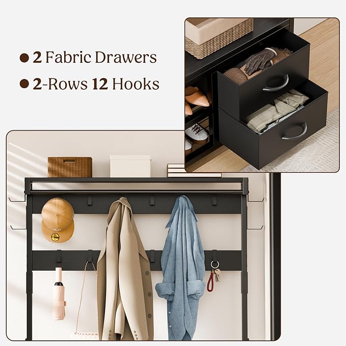 Coat Rack, 39.4” Hall Tree with Shoe Storage Bench, Black | 5 in 1 Entryway Furniture Organizer, 21 Hooks, 2 Fabric Drawers, Handy Clothes Rail