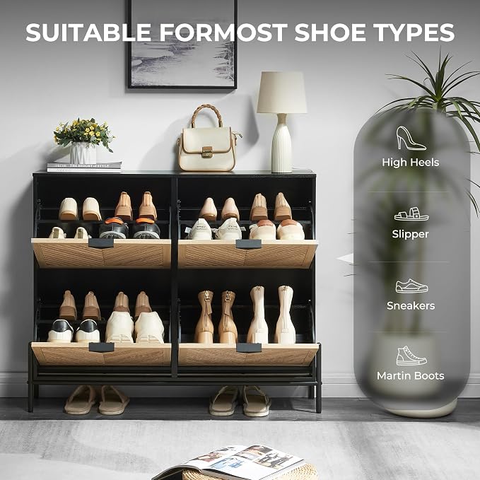 Shoe Cabinet with 4 Flip Drawers, Narrow Entryway Rack, Oak&Black | Slanted Wood Grain, Freestanding, Adjustable Compartments, Removable Middle Shelf, Metal Handles, for Hallway Foyer Entrance