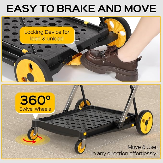 TOLRET Shopping Cart with Wheels, 200 lbs Capacity Grocery Cart on Wheels | Collapsible Shopping Cart with Storage Crate, Platform Hand Truck with Foot Brake, Yellow