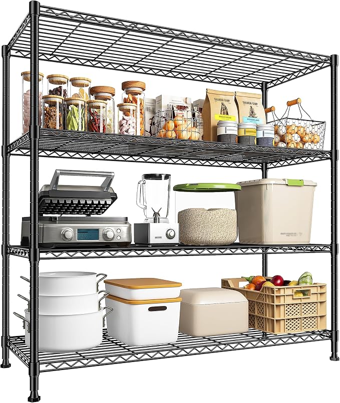 DurayLoly Extra-Wide 4-Tier 800LBS Storage Rack, Adjustable Shelves, Black | Heavy-duty Commercial steel, Tool-free assembly, Rustproof, 45"W x 13.5"D x 59.4"H, For kitchen garage pantry basement