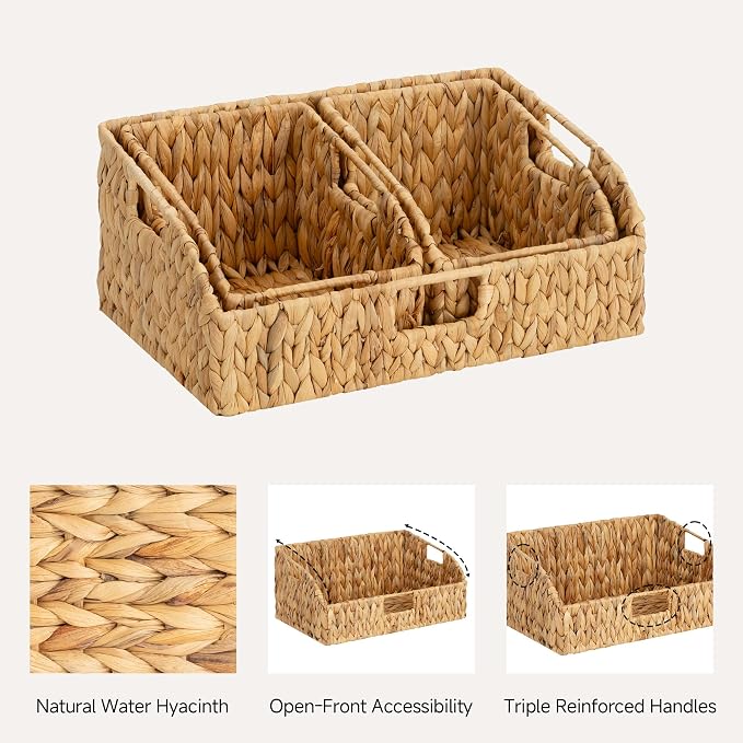 StorageWorks Water Hyacinth Basket Organizer,Pantry Storage Baskets,3-Pack | Wicker Baskets with Handles,Handwoven Shelf Baskets for Organizing,Handwoven Pantry Organizers and Storage,Pantry Baskets