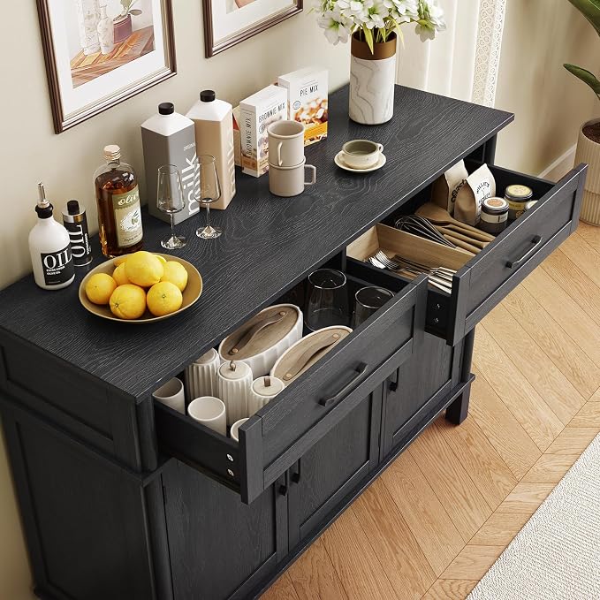 55 Inch Buffet Cabinet with Storage, Farmhouse Sideboard Buffet w/2 Drawers and 3 Doors, Wood Coffee Bar Cabinet with Adjustable Shelves, Sideboard Storage for Kitchen, Living Room, Black