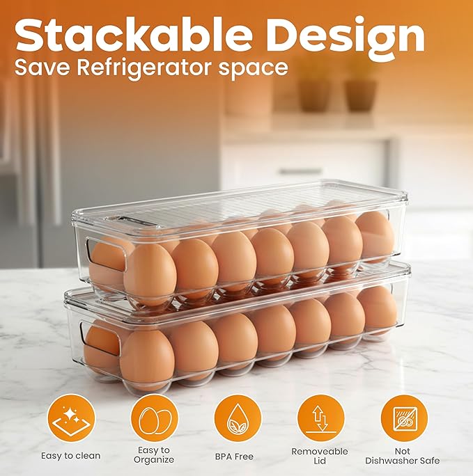 Utopia Home Egg Container With Lid and Handle for Refrigerator - Pack of 4 - Clear Stackable Egg Holder for Kitchen Storage and organization