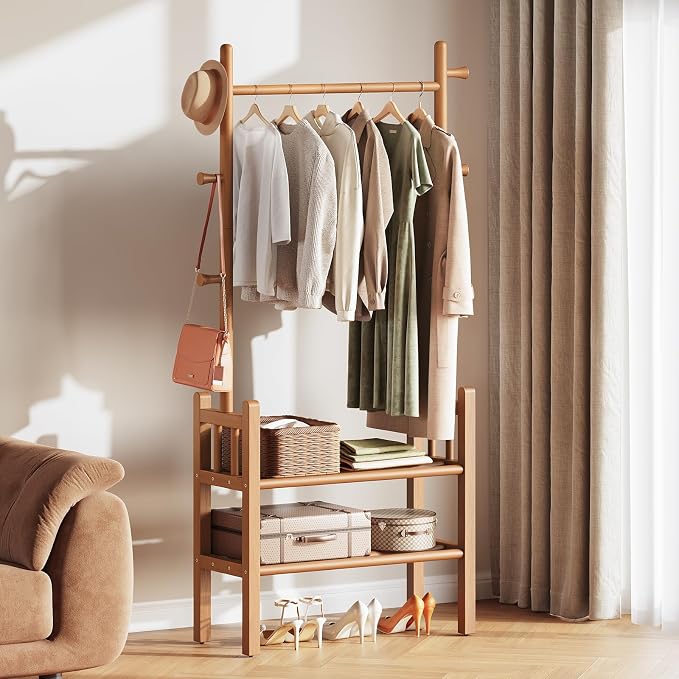 Yoobure Solid Wood Clothing Rack with Shelves - Coat Rack Freestanding with 6 Hooks, 3-in-1 Hall Tree for Hanging Clothes, Tall Garment Racks with Storage for Bedroom, Entryway, Living Room, Closet