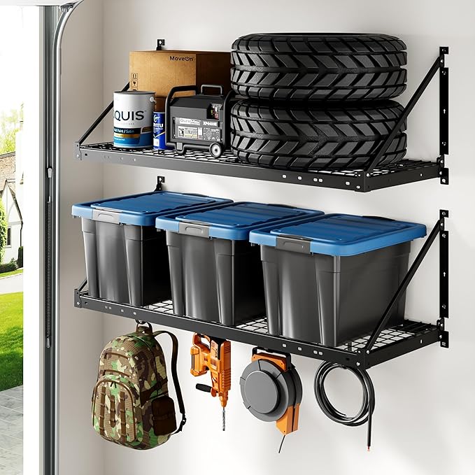 FLEXIMOUNTS 2-Pack 2x4 ft Garage Wall Shelving with 4 Hooks, Black | Brace guardrail, 660 lb capacity, Heavy-duty steel, Wall mounted storage, Garage organization, Pro Series