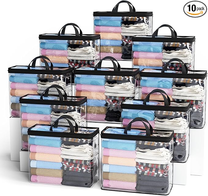 Under Bed Storage Bags Organizer, 22L Clear Storage Bags, Bags Organizer Clear Zipper Containers Bedroom, Storage Bag for Sweater, Clothes, Shoe Toy, Blanket, Sheet (Black,10PACK)