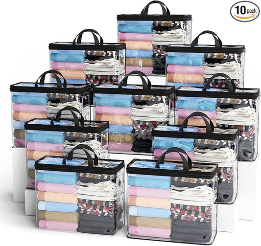 Under Bed Storage Bags Organizer, 22L Clear Storage Bags, Bags Organizer Clear Zipper Containers Bedroom, Storage Bag for Sweater, Clothes, Shoe Toy, Blanket, Sheet (Black,10PACK)