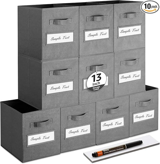 13x13x13 storage cube bins (Set of 10) Fabric storage cubes with 10 Labels Window Cards & a Pen, storage cubes 13x13, Collapsible 13 inch cube storage bins, Cubby Organizer Boxes, Gray
