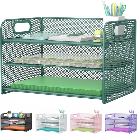 Samstar 3 Tier Green Letter Tray Paper Organizer with Handle, Mesh Desk Organizer Paper Sorter File Rack Shelves, Green