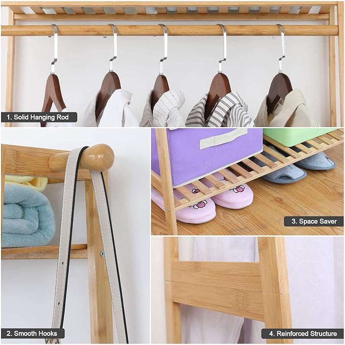 Ufine Bamboo Clothes Hanging Rack with 2 Tier Storage Shelves, 2 Coat Hooks | Portable Laundry Rack Closet Organizer Garment Rack for Bedroom Guest Room