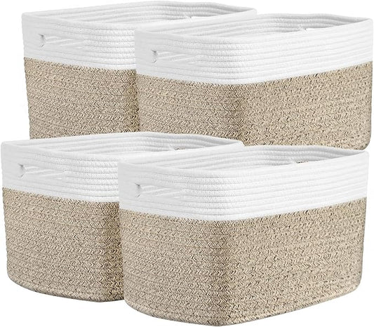 Storage Baskets for Organizing, 14 x 10 x 9” Closet Shelf Woven Baskets, Square Bins with Handles, Cotton Rope Basket for Clothes, Office, Room, White+Rice Brown 4 Pack
