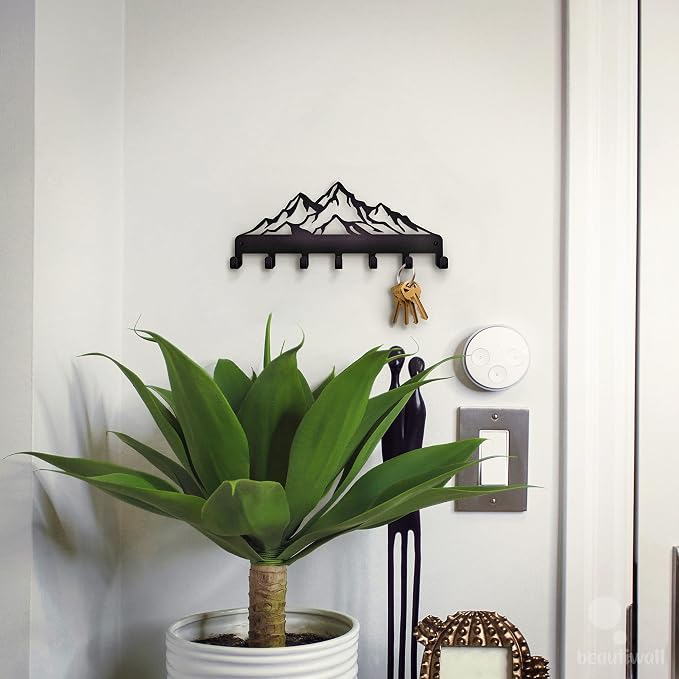 Key Holder – Steel Metal Wall Hanger with Hooks for Keys, Cars & Home | Mountains Design | Rent-Friendly with Strong Adhesive Layer | for Apartment, Garage & Entryway