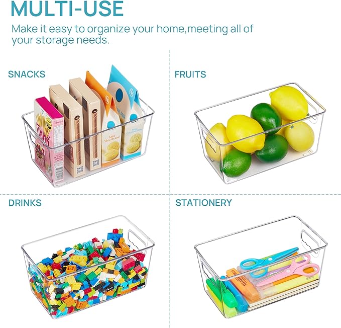 Vtopmart Clear Plastic Storage Bins, 6 PCS Pantry Organizer Bins with Handle for Refrigerator, Fridge, Cabinet, Kitchen, Countertops, Cupboard, Freezer Organization and Storage, Small