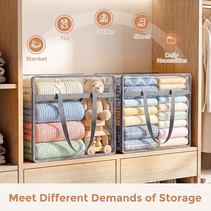 6 Pack Clear Storage Bags for Clothes, 40L Closet Organizers and Storage | Plastic storage with zipper and handle, moving bags, under-bed storage, closet organizer for blankets, comforters, toys