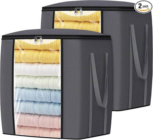 TasticTotes 120L Extra Large Blanket Clothes Storage Bags, Black, 2 Pack | Foldable Blanket Storage and Organization, Thick Fabric Containers with Reinforced Handles & Zippers for Comforters, Bedding