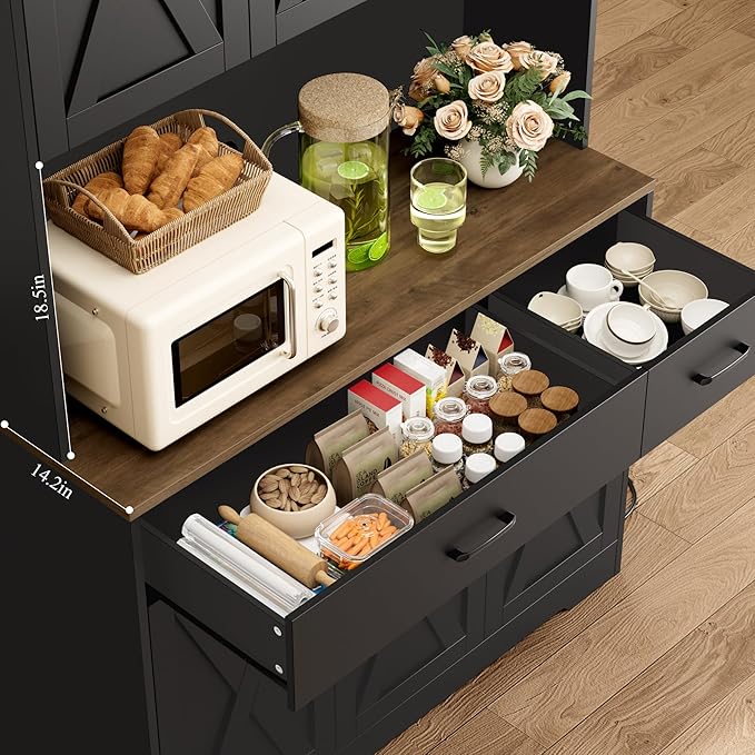 HOSTACK 71"H Kitchen Pantry Storage Cabinet, Farmhouse Hutch Cabinet, Black | Space-Saving Pantry Cabinet with Charging Station & 2 Large Drawers & Adjustable Shelves, Tall Kitchen Hutch for Dining Room