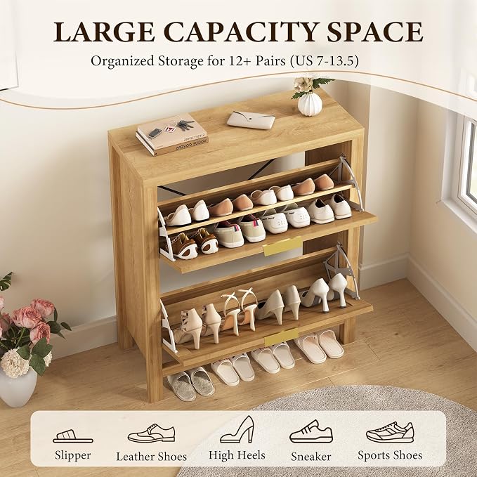 Fluted Shoe Cabinet Storage with 2 Flip Drawers for Entryway, Hallway | Hidden Shoe Rack Slim Freestanding Hidden Shoe Organizer for Foyer, Hallway, Living Room, Oak