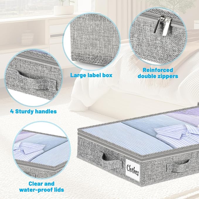 5 Inch Low Profile Under Bed Storage Drawer 4 Pack, Lightweight Underbed Clothes Storage Container Bins With NO STURCTURE, Shallow Storage Bag for Dorm & Home, With Clear Lids & Water-Resistant Fabric